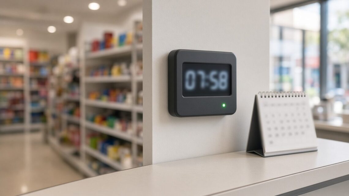 Relógio de ponto digital aceso na parede de uma loja antes da abertura, ao lado de um calendário de mesa