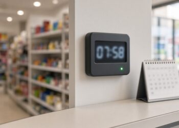 Relógio de ponto digital aceso na parede de uma loja antes da abertura, ao lado de um calendário de mesa