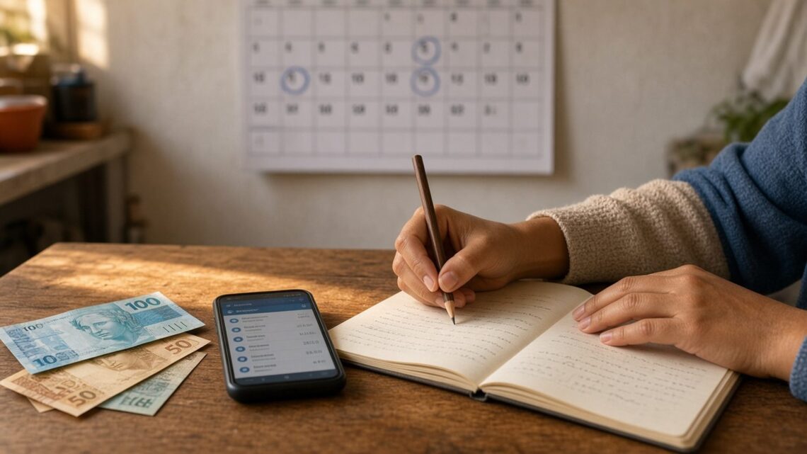 Mãos de uma mulher anotando datas ao lado de um calendário de parede, um celular e algumas notas de real