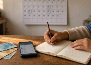 Mãos de uma mulher anotando datas ao lado de um calendário de parede, um celular e algumas notas de real