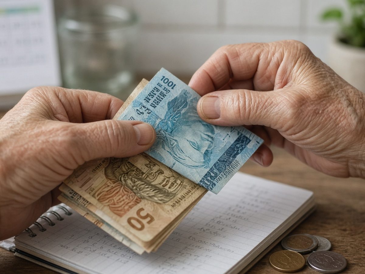 Mãos de uma pessoa idosa contando cédulas de real sobre um caderno de contas da casa