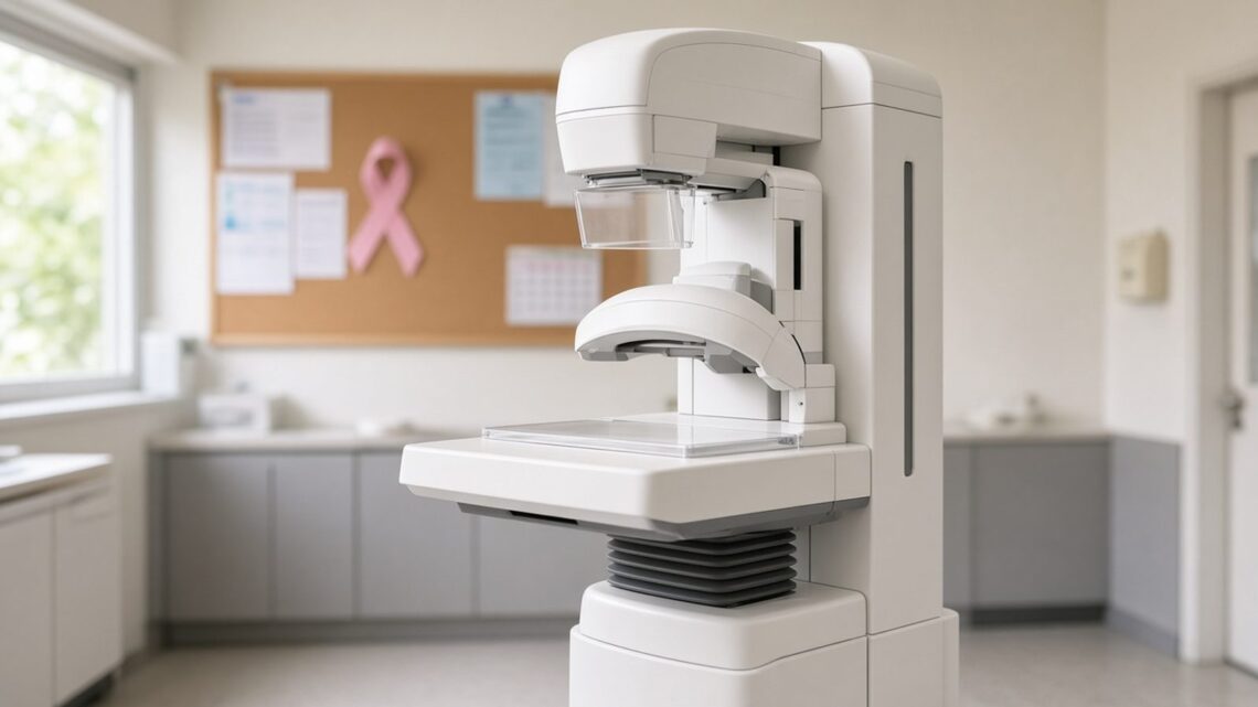 Sala de exames de uma unidade de saúde com um mamógrafo e um laço rosa no quadro de avisos
