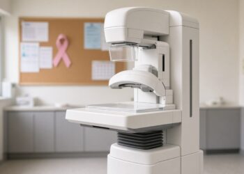 Sala de exames de uma unidade de saúde com um mamógrafo e um laço rosa no quadro de avisos