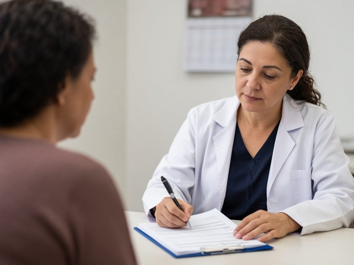 Mulher conversando com uma médica em um consultório de unidade básica de saúde
