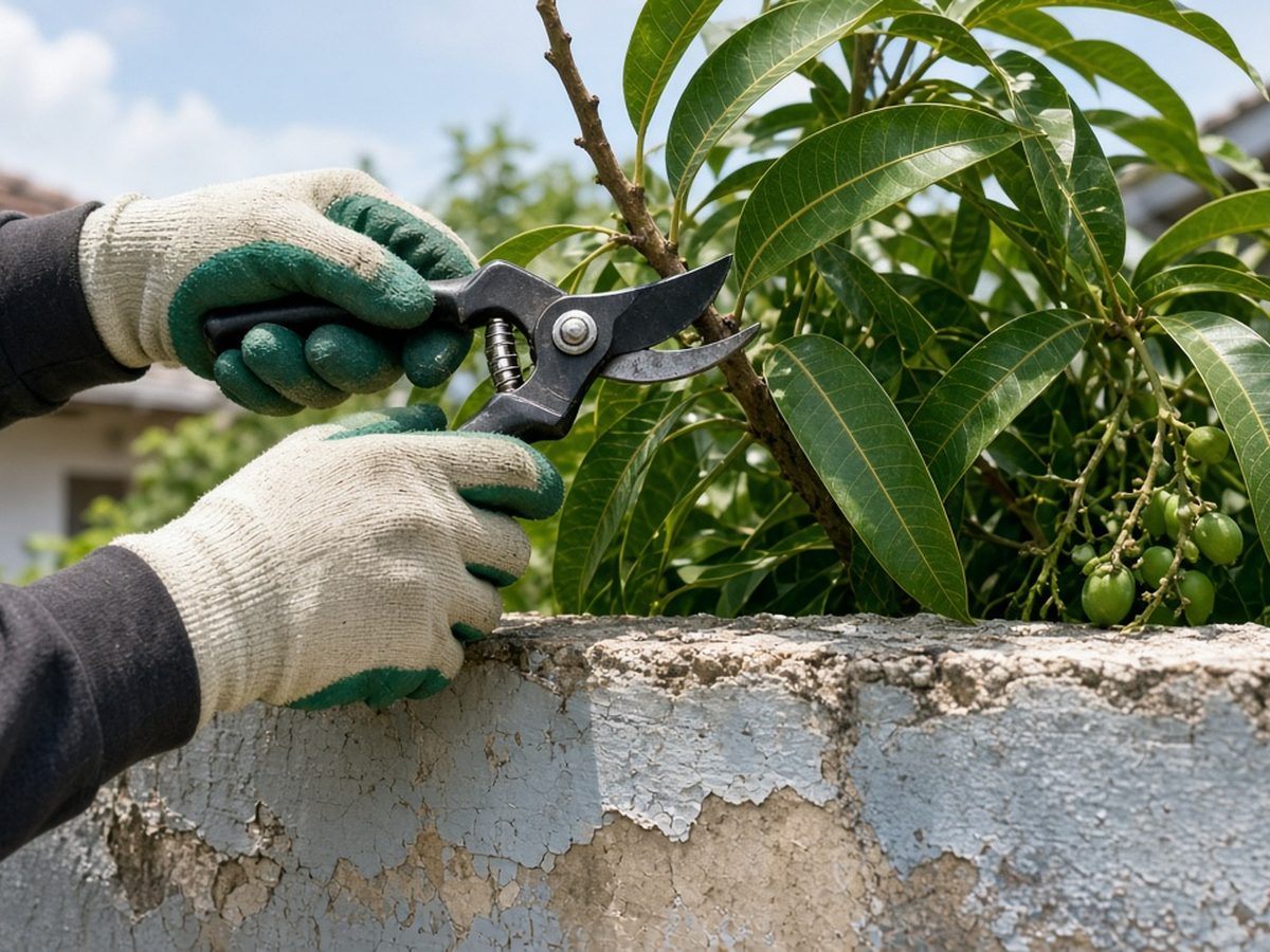 Mãos com luvas de jardinagem cortando com tesoura de poda um galho que passa por cima do muro