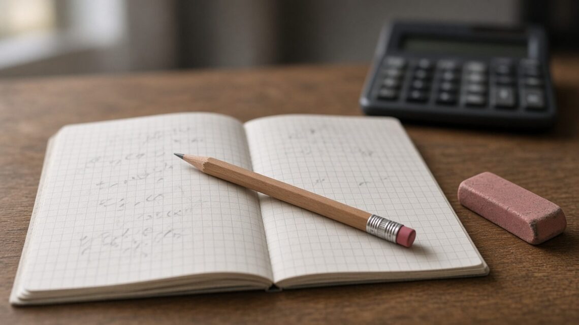 Caderno quadriculado aberto com contas a lápis, ao lado de um lápis, uma borracha e uma calculadora desligada