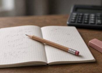 Caderno quadriculado aberto com contas a lápis, ao lado de um lápis, uma borracha e uma calculadora desligada