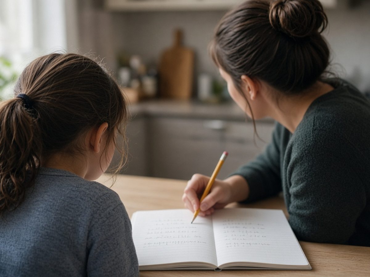 Criança e adulto fazendo lição de matemática juntos à mesa da cozinha