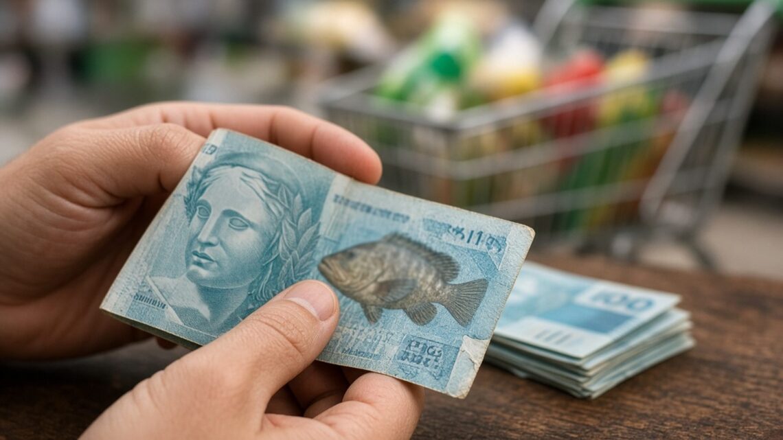Mão segurando uma cédula gasta de cem reais ao lado de um maço de notas, com carrinho de supermercado ao fundo