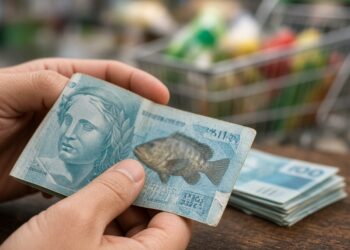 Mão segurando uma cédula gasta de cem reais ao lado de um maço de notas, com carrinho de supermercado ao fundo