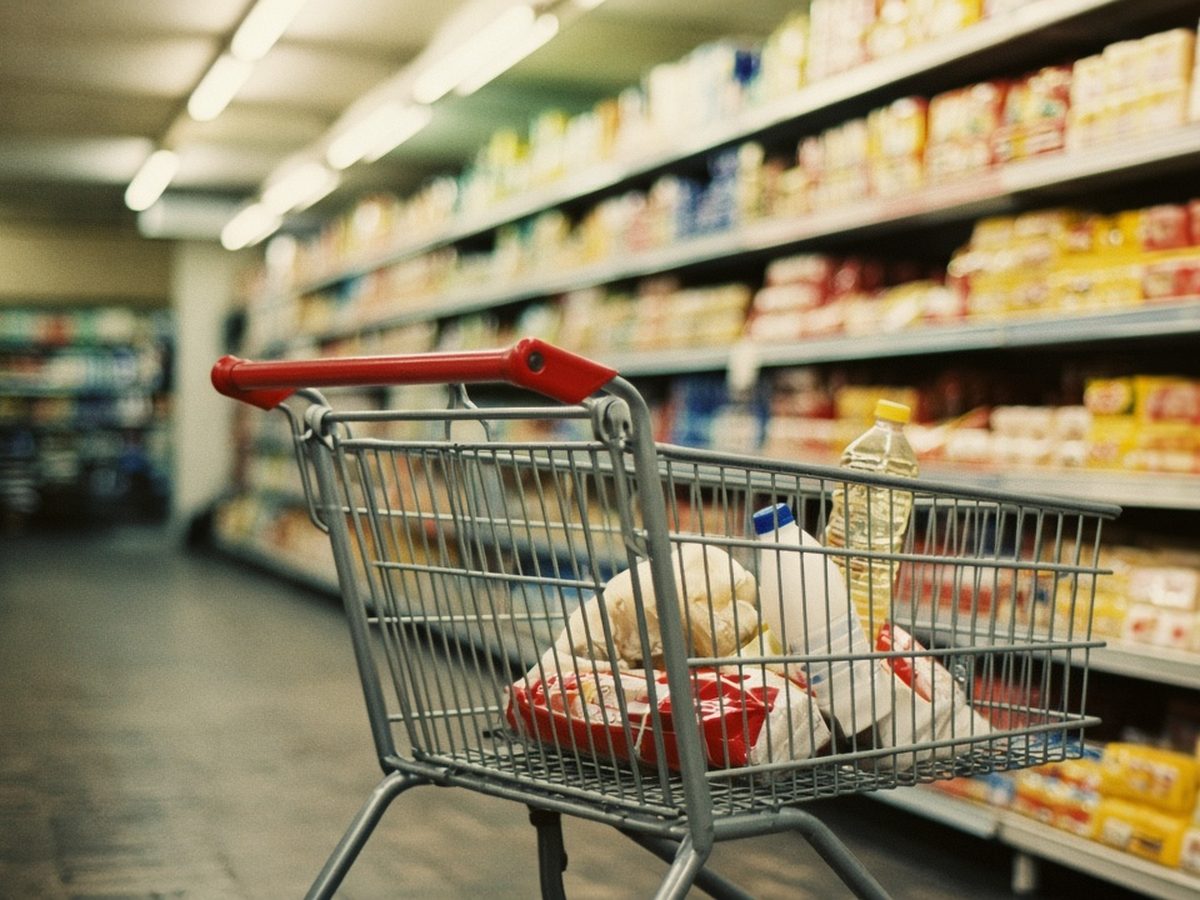 Corredor de supermercado com aparência dos anos 1990 e um carrinho de compras cheio