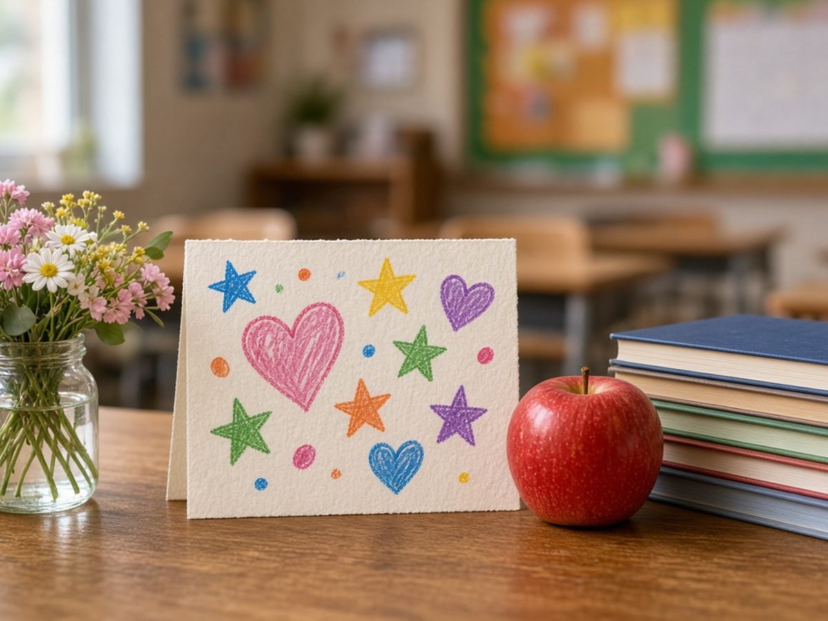 Mesa de professor com flores, um cartão feito por alunos, uma maçã e uma pilha de cadernos