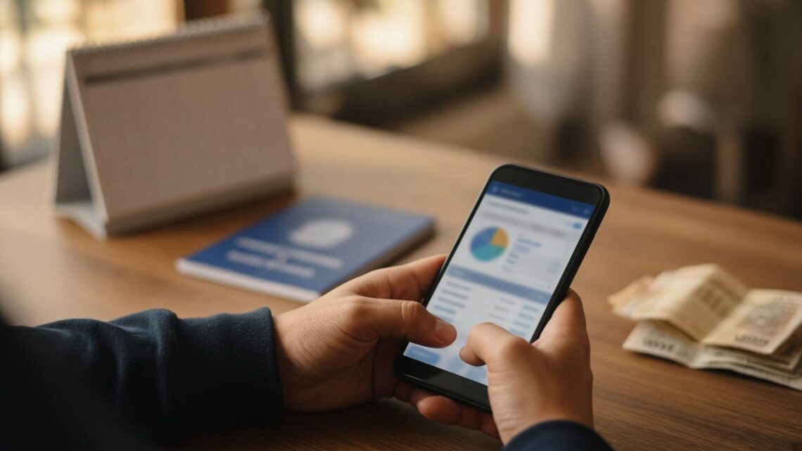 Mãos segurando o celular ao lado de um calendário de mesa, uma carteira de trabalho azul e cédulas de real