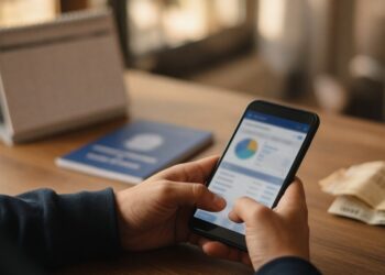 Mãos segurando o celular ao lado de um calendário de mesa, uma carteira de trabalho azul e cédulas de real