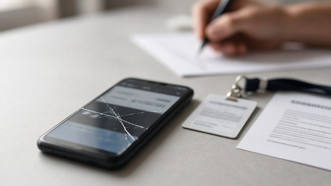 Celular com a tela trincada sobre a mesa do escritório, ao lado de um crachá virado e de uma folha impressa