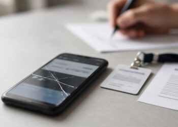 Celular com a tela trincada sobre a mesa do escritório, ao lado de um crachá virado e de uma folha impressa