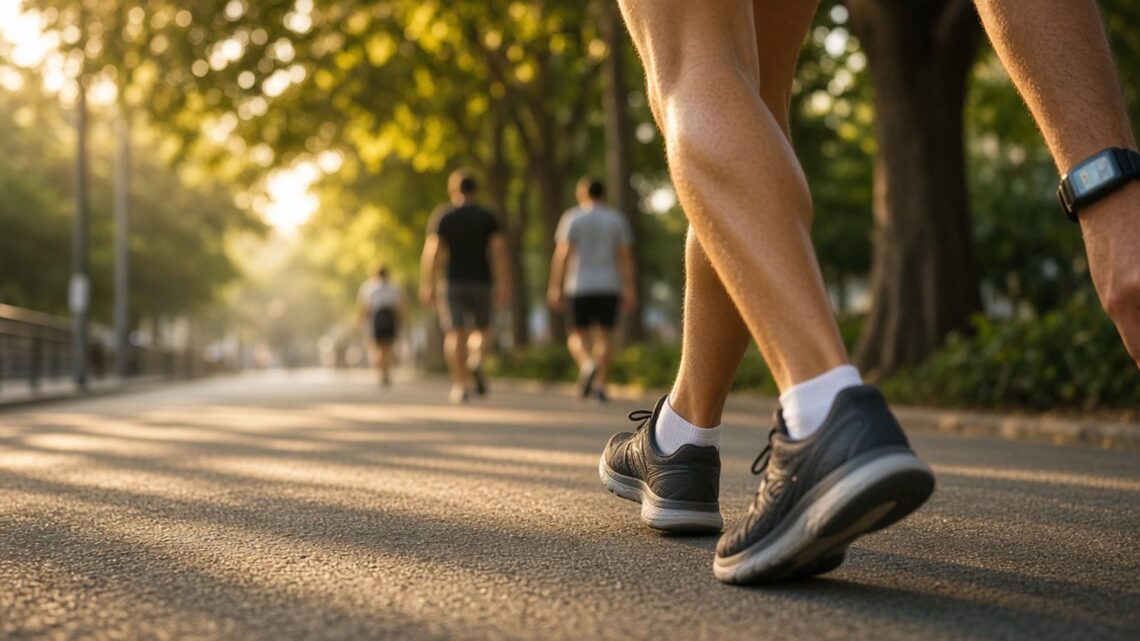 Pés de uma pessoa caminhando de tênis num calçadão arborizado de manhã cedo, com relógio esportivo no pulso