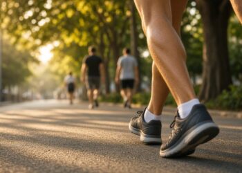 Pés de uma pessoa caminhando de tênis num calçadão arborizado de manhã cedo, com relógio esportivo no pulso