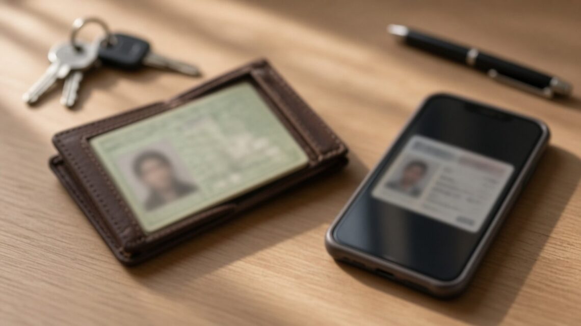 Carteira aberta com um documento de identidade antigo em papel ao lado de um celular com uma identidade digital