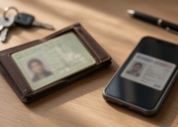 Carteira aberta com um documento de identidade antigo em papel ao lado de um celular com uma identidade digital