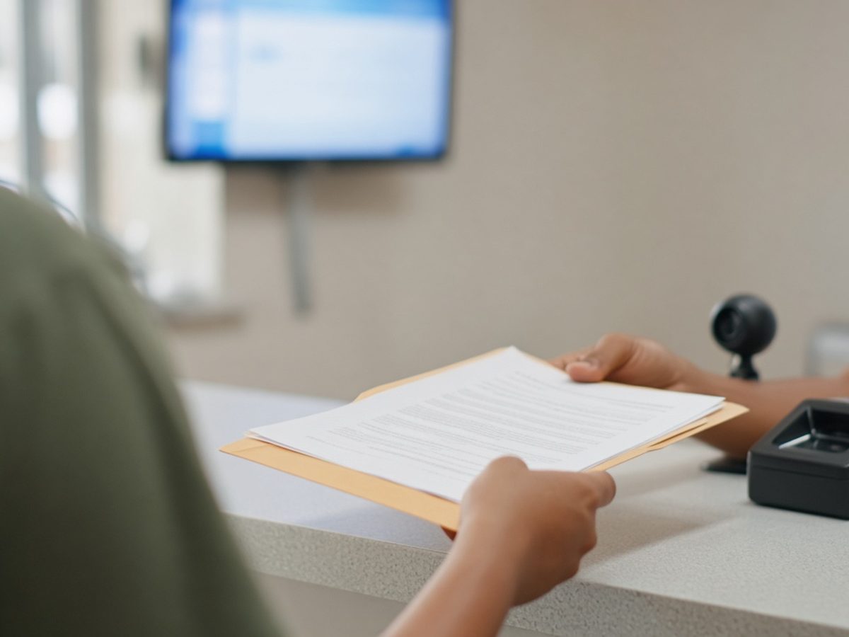Pessoa entregando documentos no balcão de atendimento de um posto de identificação