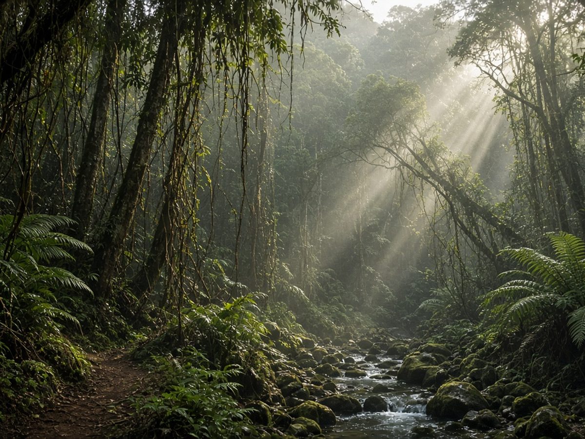 Trilha sombreada na Mata Atlântica com árvores altas, samambaias, riacho e raios de sol na névoa da manhã