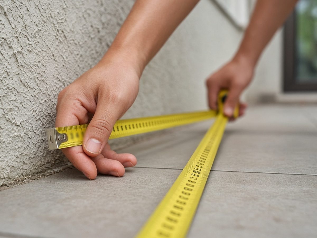 Mãos esticando uma trena a partir do muro de divisa no piso do quintal, com a janela vizinha ao fundo