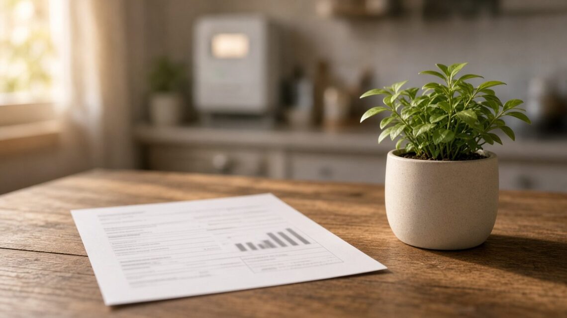 Conta de luz impressa sobre a mesa da cozinha ao lado de um vaso com planta verde e um medidor de energia ao fundo
