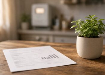 Conta de luz impressa sobre a mesa da cozinha ao lado de um vaso com planta verde e um medidor de energia ao fundo