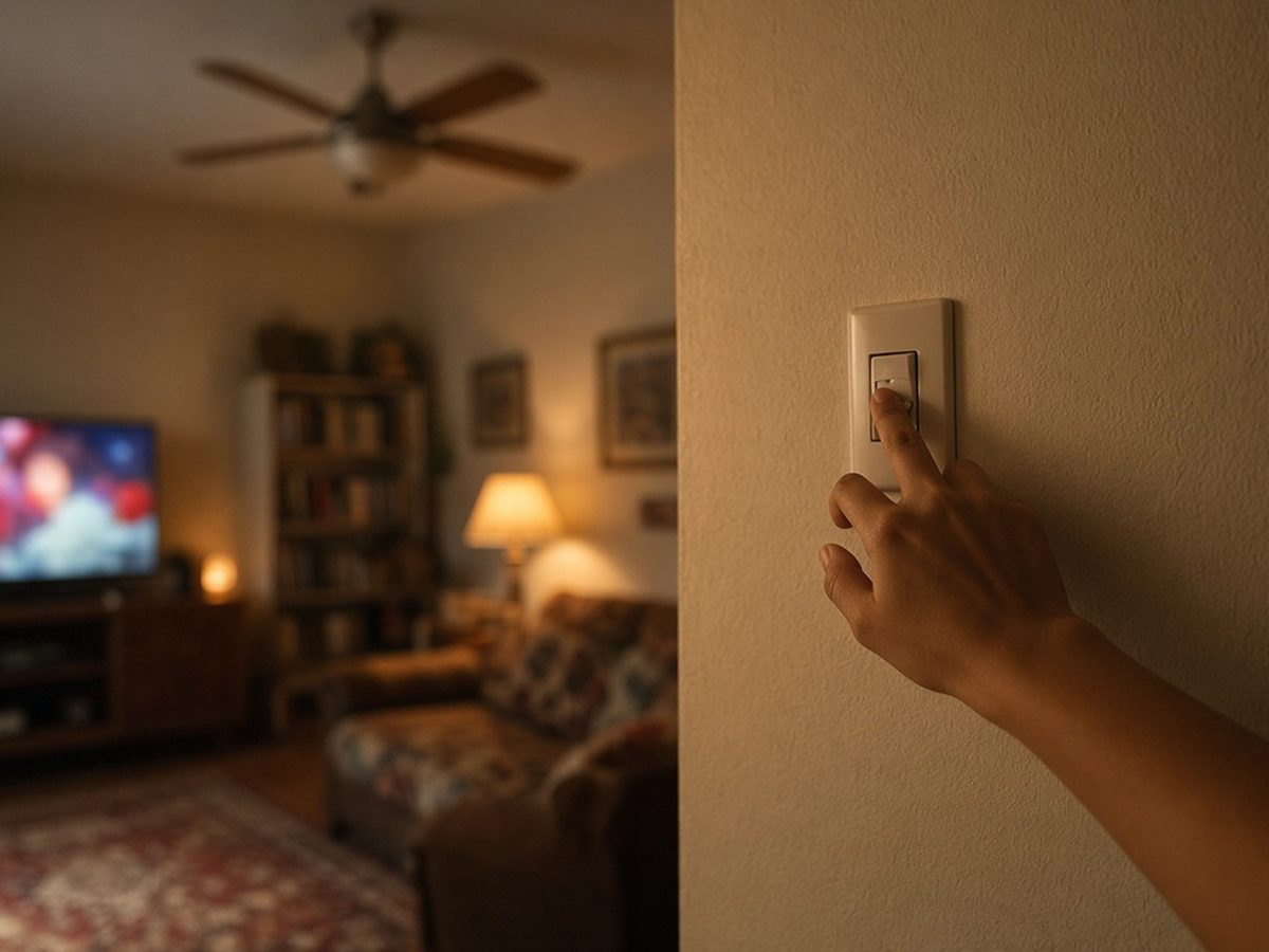 Mão apagando a luz no interruptor de uma sala aconchegante à noite com ventilador de teto ligado