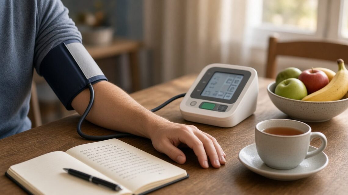 Pessoa medindo a pressão com aparelho automático à mesa, ao lado de chá, frutas e um caderno de anotações