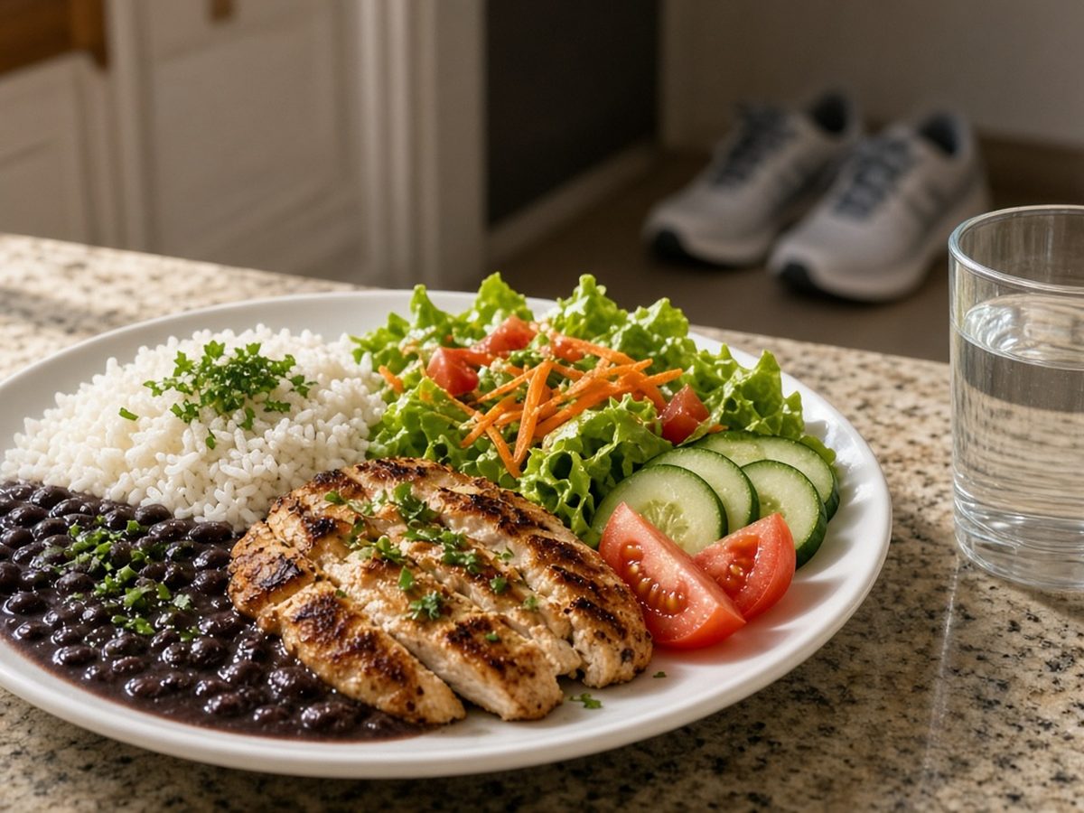 Prato de almoço saudável com arroz, feijão, frango grelhado e salada sobre a bancada da cozinha