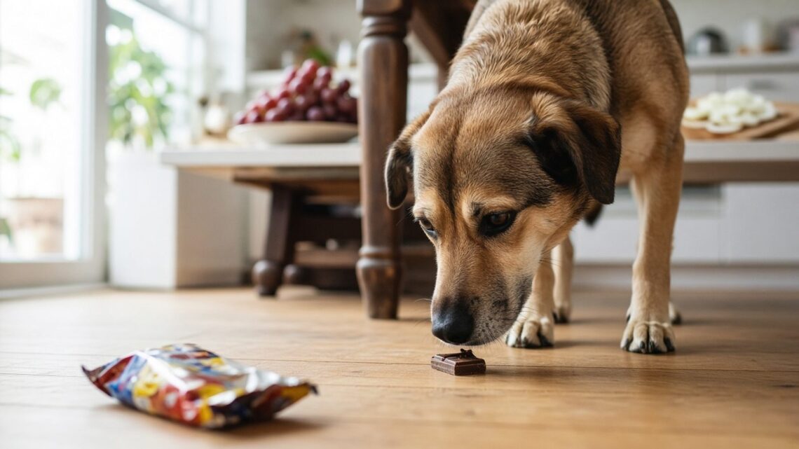 Cachorro cheirando um pedaço de chocolate caído no chão da cozinha, com uvas e cebola na mesa ao fundo
