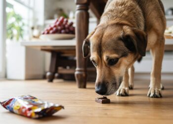 Cachorro cheirando um pedaço de chocolate caído no chão da cozinha, com uvas e cebola na mesa ao fundo