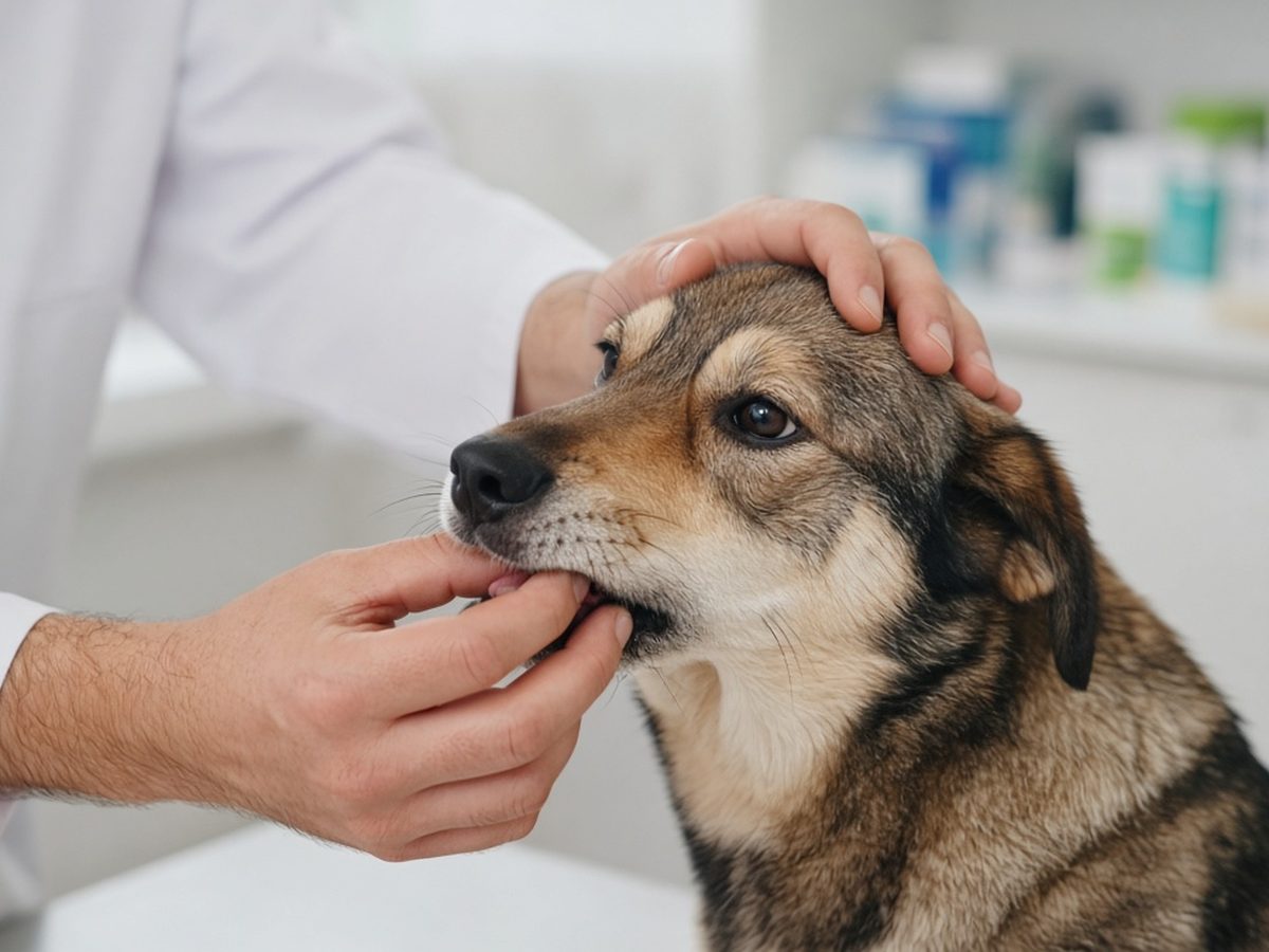 Mãos de veterinário examinando com carinho um cachorro tranquilo numa clínica iluminada