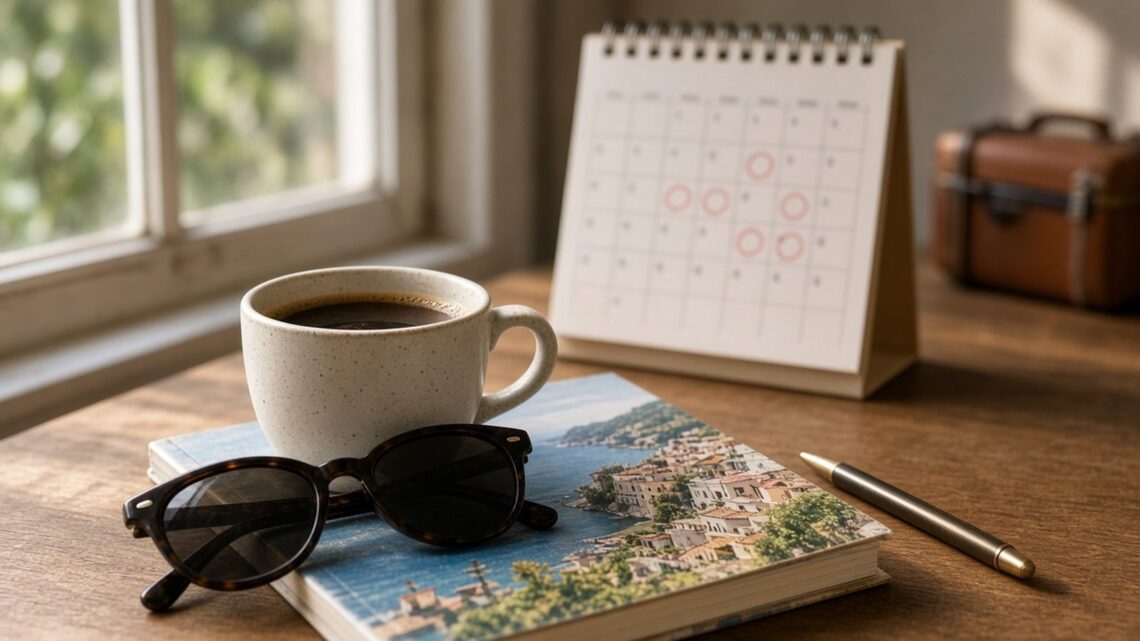 Calendário de mesa aberto ao lado de café, caneta e óculos escuros sobre um guia de viagem, com mala ao fundo