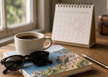 Calendário de mesa aberto ao lado de café, caneta e óculos escuros sobre um guia de viagem, com mala ao fundo