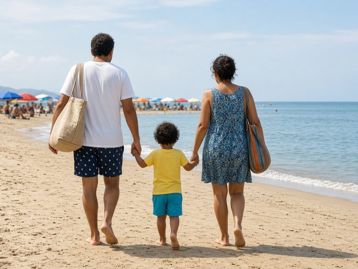 Família de costas caminhando de mãos dadas na praia em direção ao mar num dia de sol