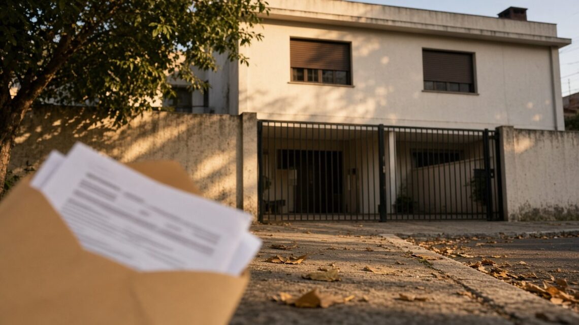 Fachada de sobrado simples com portão fechado e persianas abaixadas, com um envelope de documentos em primeiro plano