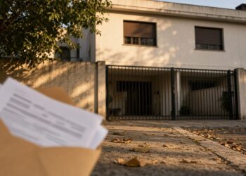 Fachada de sobrado simples com portão fechado e persianas abaixadas, com um envelope de documentos em primeiro plano