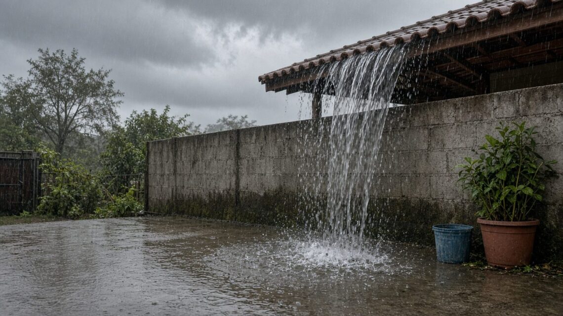Água da chuva caindo do telhado do vizinho direto num quintal molhado, formando uma poça perto de um vaso