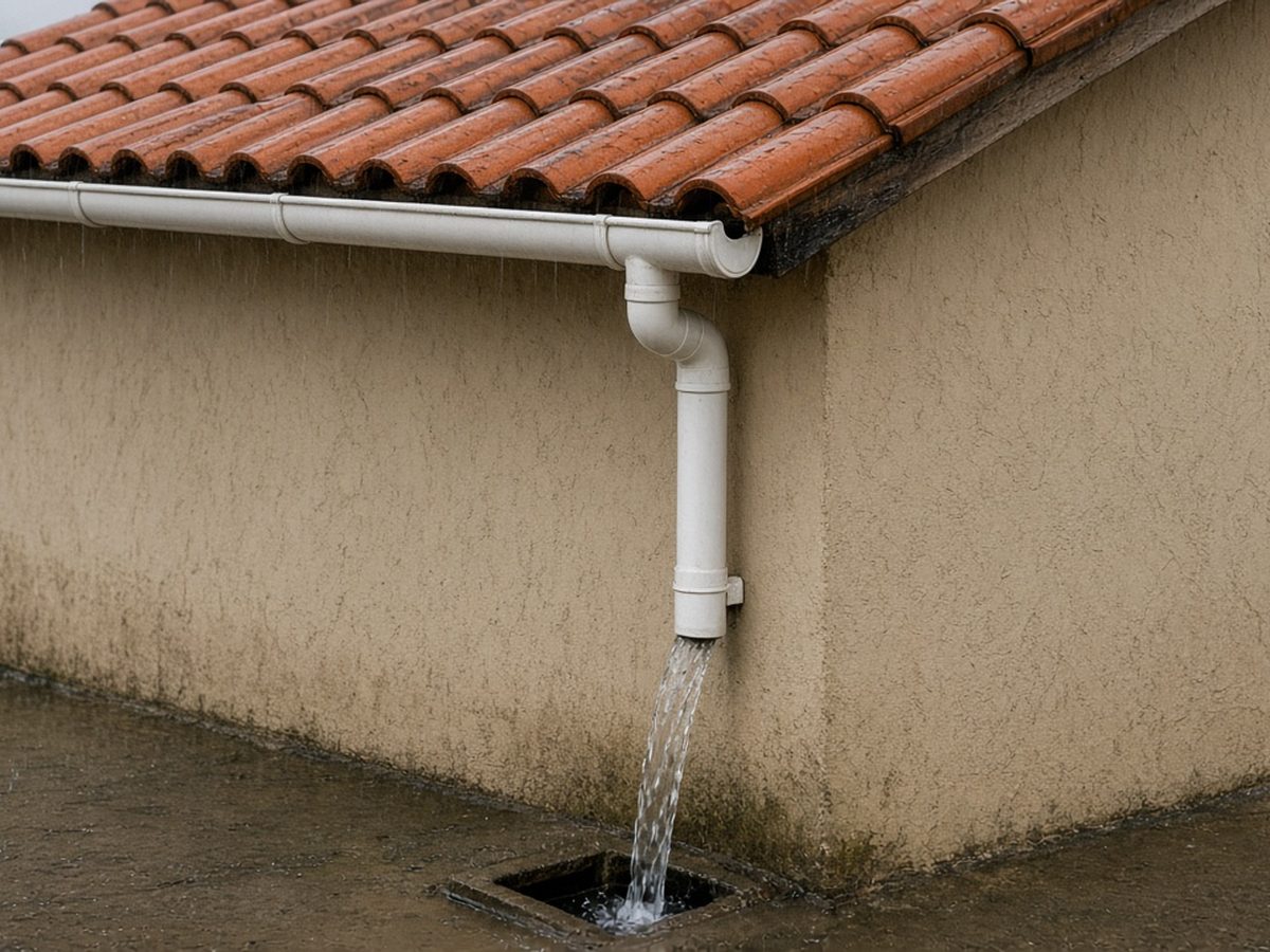 Calha metálica na beirada de um telhado de telhas cerâmicas escoando a água da chuva para o cano