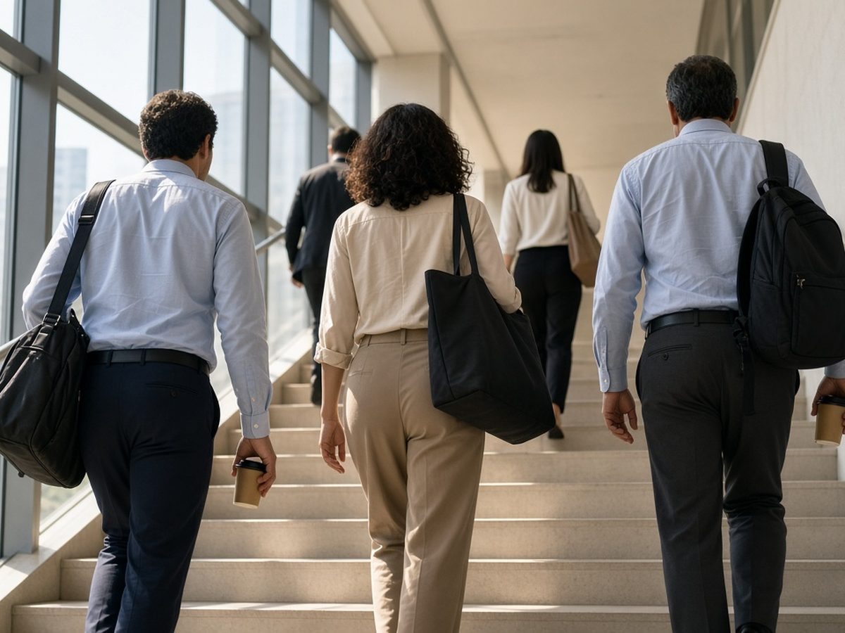 Trabalhadores de costas subindo uma escada larga e iluminada dentro de um prédio moderno