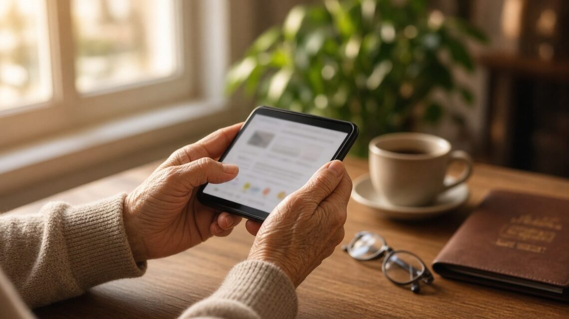 Mãos de uma pessoa idosa segurando o celular à mesa, ao lado de café, óculos de leitura e carteira de documentos