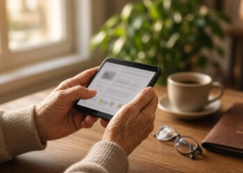 Mãos de uma pessoa idosa segurando o celular à mesa, ao lado de café, óculos de leitura e carteira de documentos