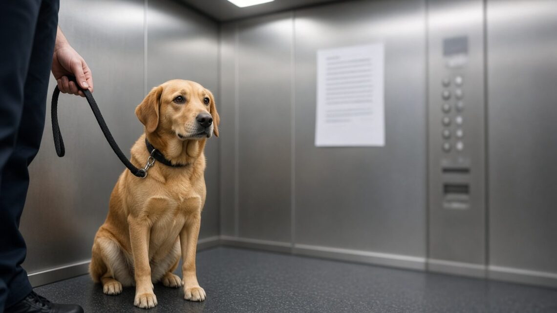 Cachorro caramelo sentado de coleira dentro de um elevador ao lado do tutor, com um aviso impresso na parede