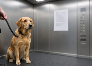 Cachorro caramelo sentado de coleira dentro de um elevador ao lado do tutor, com um aviso impresso na parede