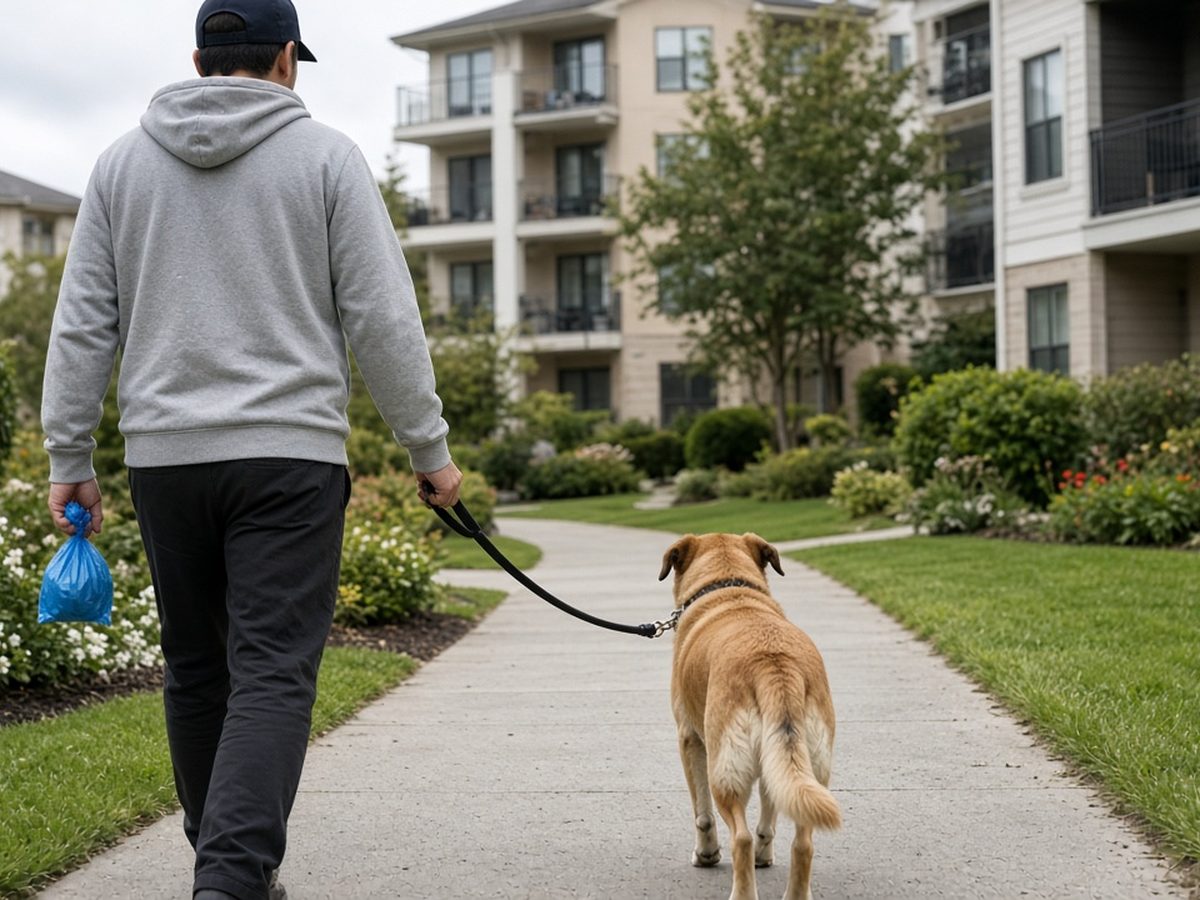 Pessoa de costas passeando com o cachorro na coleira pelo jardim de um condomínio, segurando um saquinho