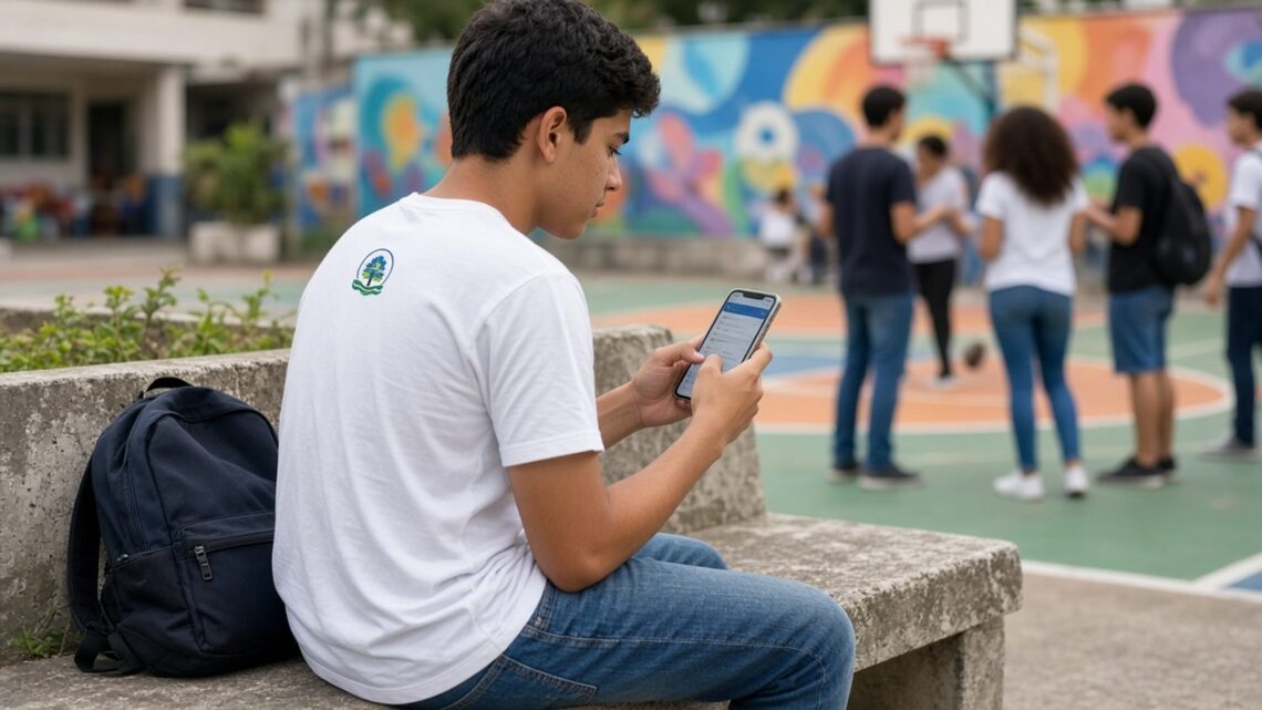 Estudante de camiseta branca sentado num banco do pátio da escola olhando um aplicativo bancário no celular