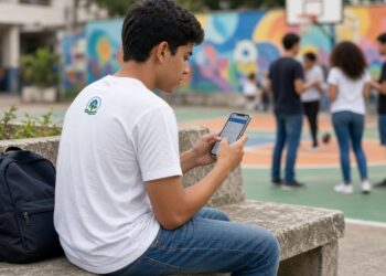 Estudante de camiseta branca sentado num banco do pátio da escola olhando um aplicativo bancário no celular